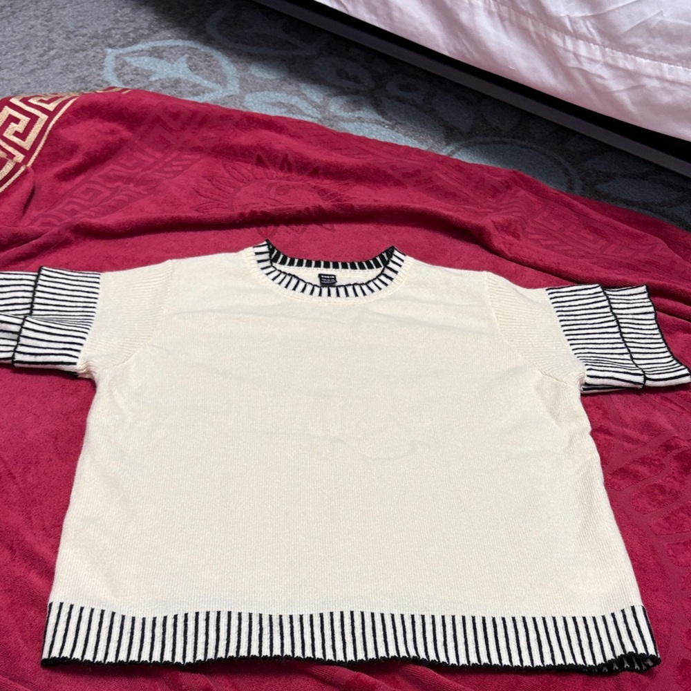 SHEIN Cream and Black Striped Crew Neck Sweater